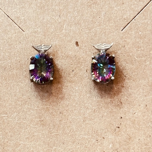 925 Sterling Silver Mystic Topaz Oval Stud Earrings w/Whale Tail - Picture 2 of 13